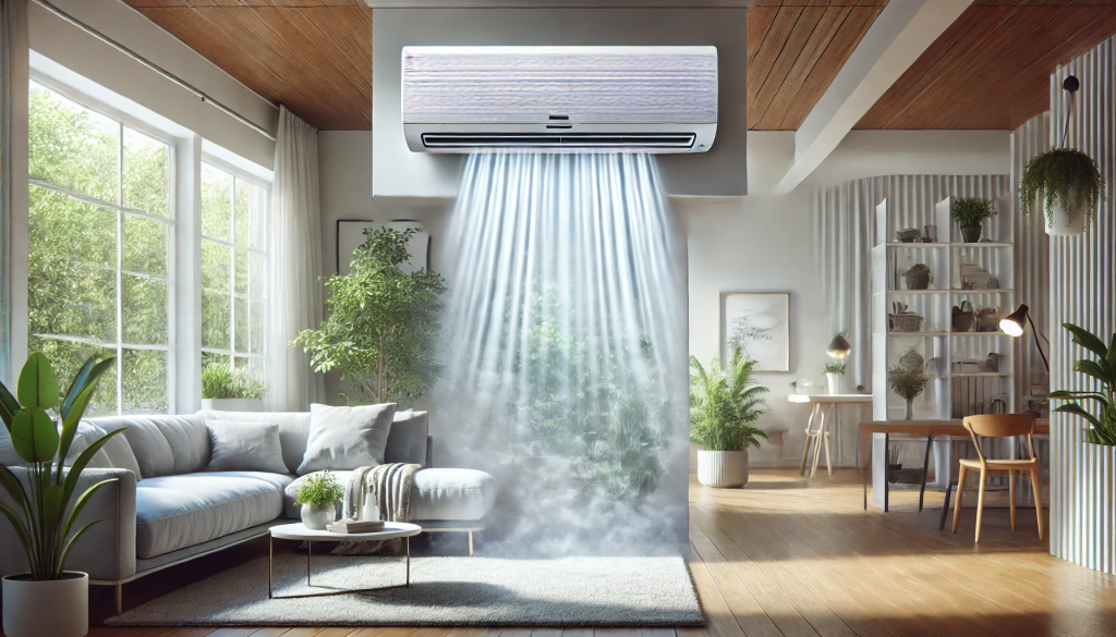 Técnico limpiando los filtros de un aire acondicionado en otoño, preparándolo para el modo calefacción durante el invierno. Mantener el aire acondicionado limpio mejora la eficiencia energética y la calidad del aire interior.