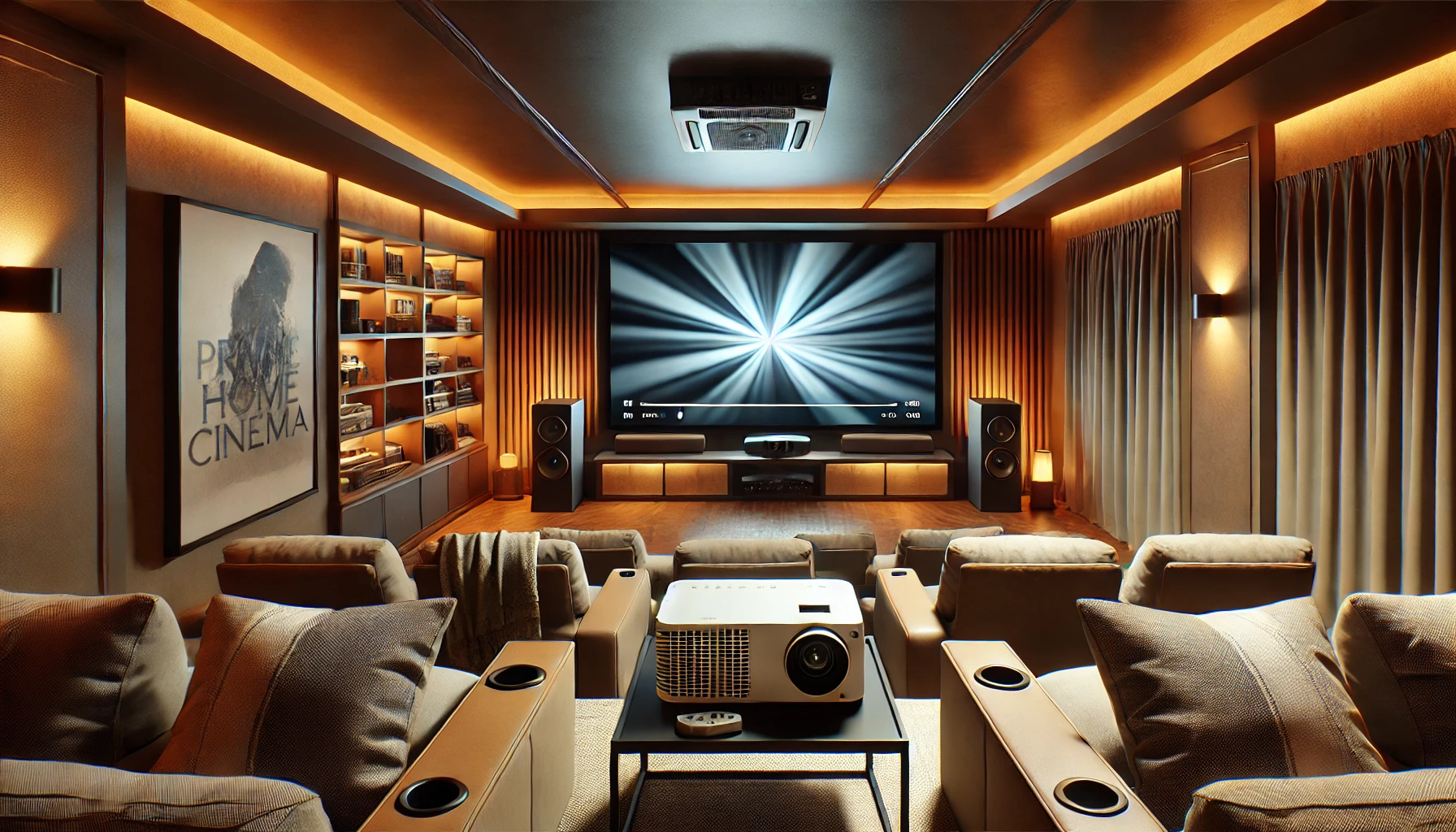 Sala de cine en casa con proyector de video montado en el techo, pantalla grande y cómodos asientos. La habitación está decorada con iluminación ambiental cálida y moderna, creando una atmósfera acogedora e inmersiva. La sala de cine privada combina elegancia y confort en un espacio que emula un mini teatro de lujo. En Lumitek creamos salas de cine profesionales y económicas.
