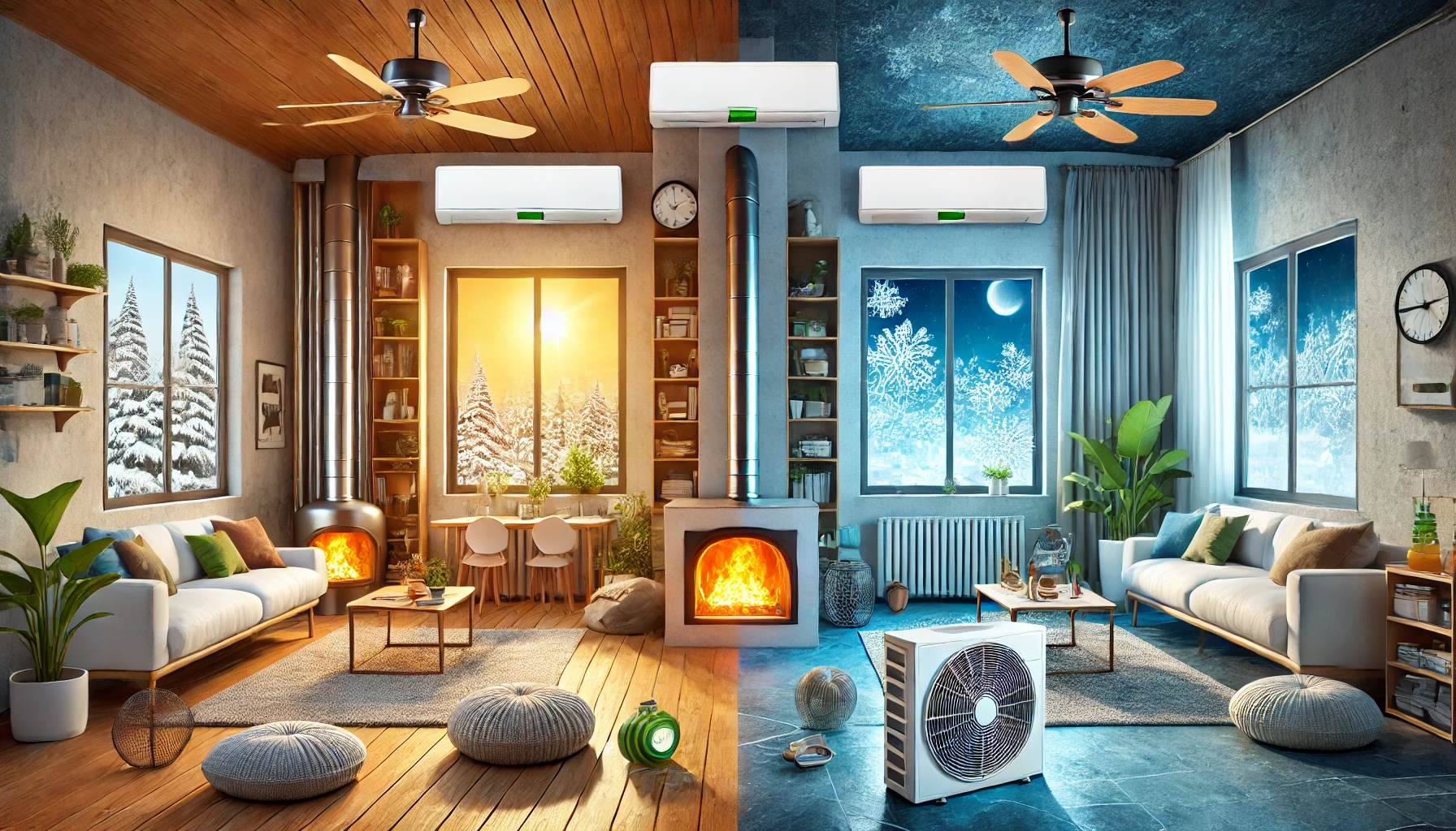 Un sistema de aire acondicionado moderno en funcionamiento, mostrando su capacidad para calentar eficientemente un hogar durante el invierno, destacando los beneficios económicos y energéticos en comparación con la calefacción por gas.