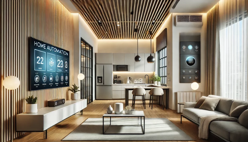 Hogar inteligente con tecnología de domótica, incluyendo control de luces, climatización y seguridad. Instalación profesional en una vivienda moderna en Badalona o Barcelona.