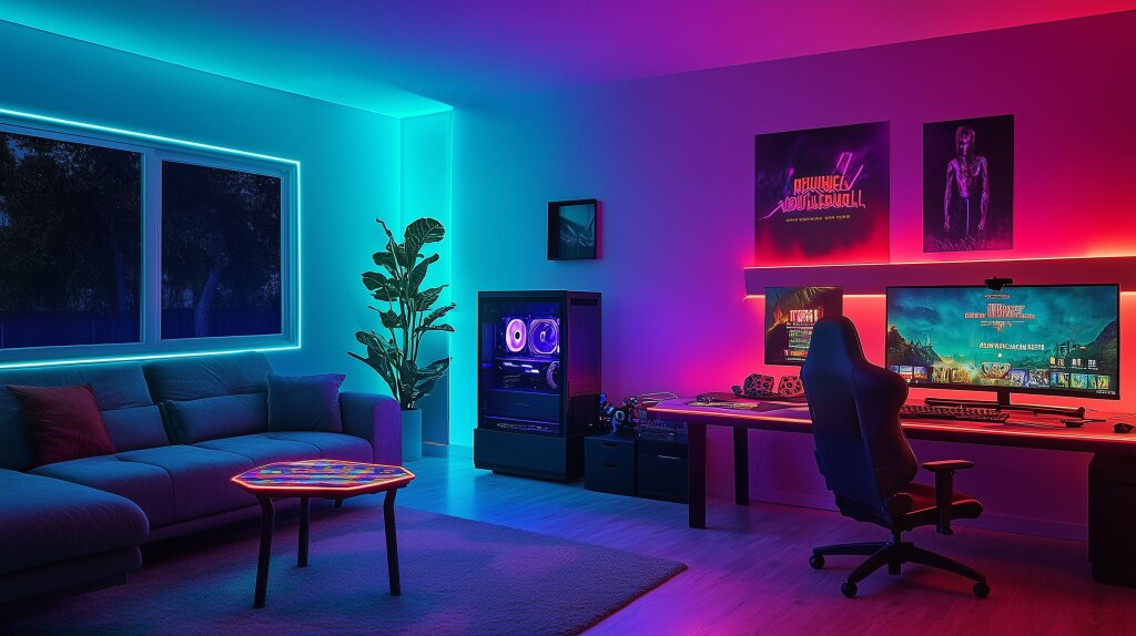 Habitación gaming moderna con iluminación LED, monitor grande en un escritorio minimalista, tiras LED que iluminan la pared y paneles LED geométricos. Ambiente inmersivo en tonos azules, púrpuras y rosados.