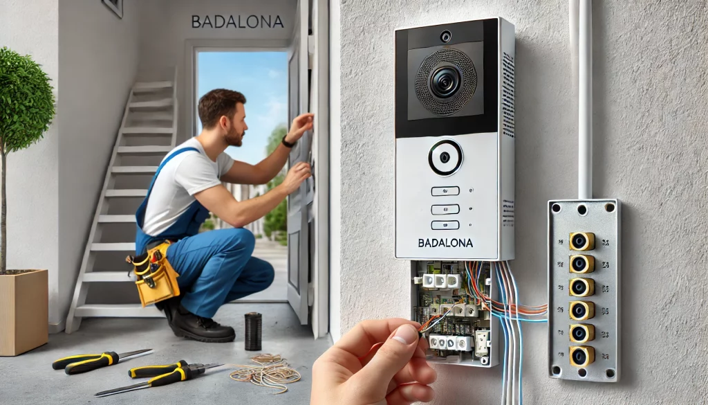 Instalación de un videoportero compacto en la entrada de un edificio residencial en Badalona. Un técnico monta el sistema de videoportero con pantalla pequeña y diseño moderno, asegurando una instalación limpia y profesional.