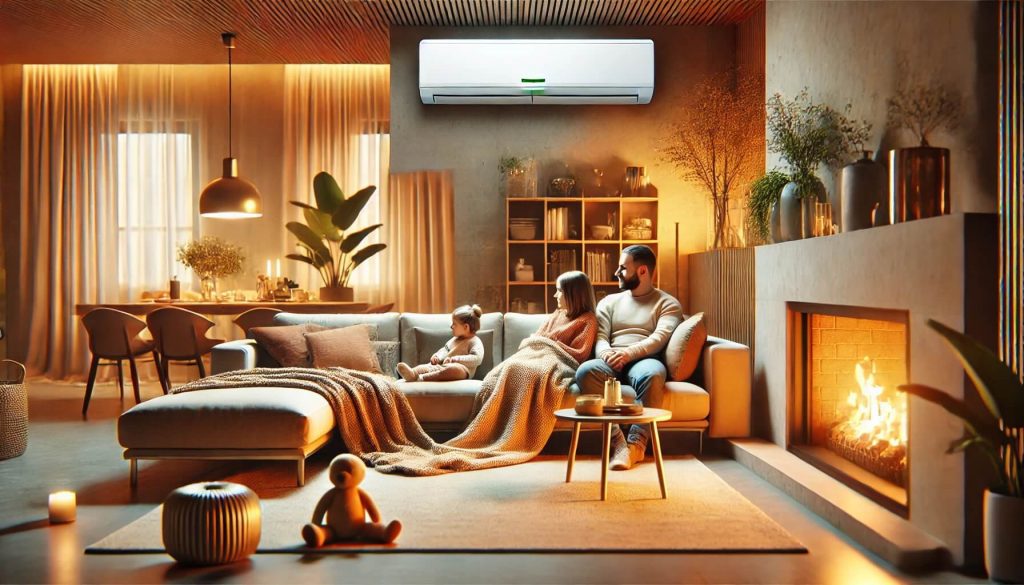 Familia disfrutando de un ambiente cálido y acogedor en casa, sentados en un sofá con mantas, mientras un sistema de aire acondicionado eficiente calienta el hogar desde el exterior. Escena diseñada para transmitir confort, bienestar y eficiencia energética durante el invierno.