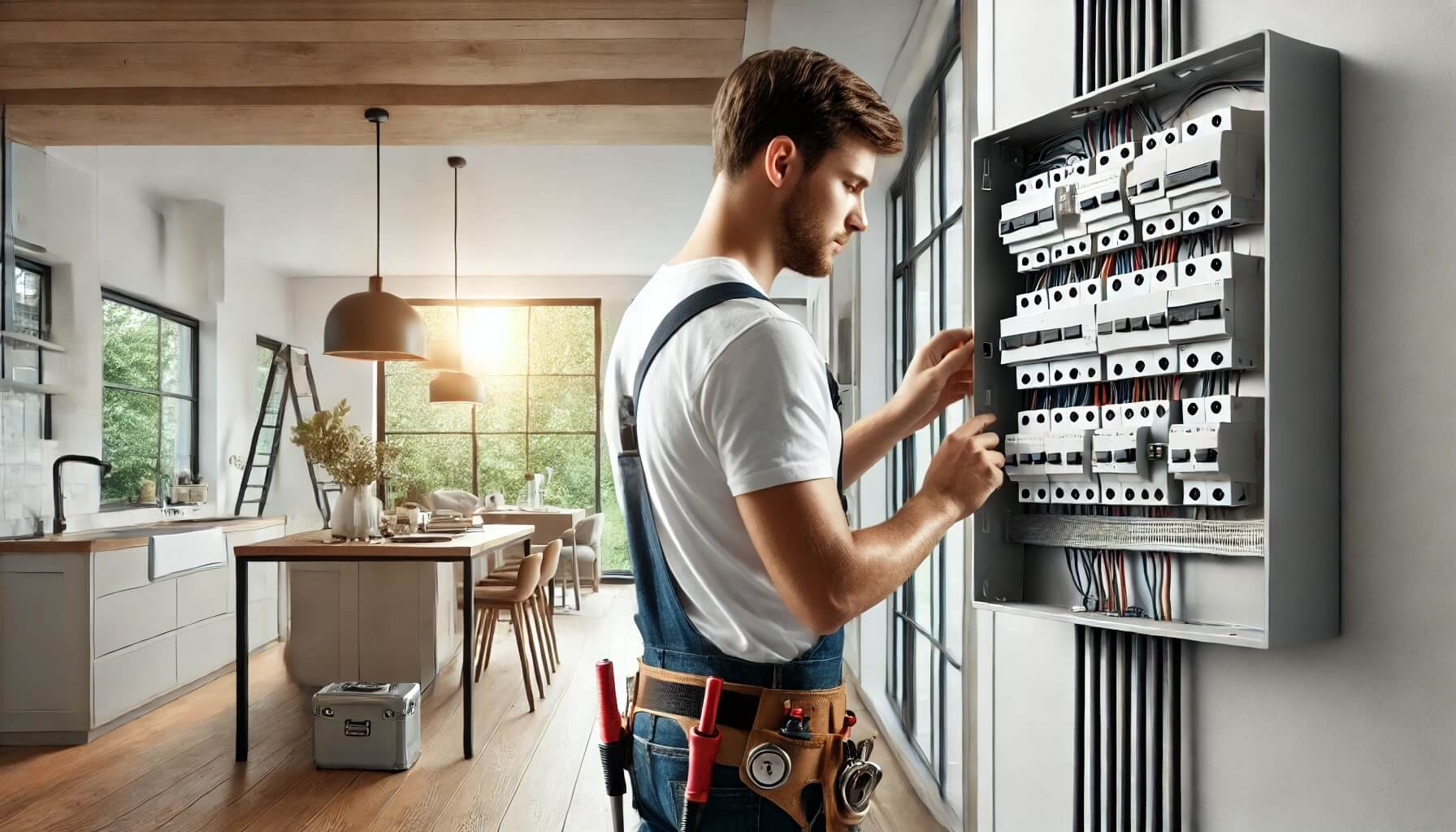 Un técnico profesional de Lumitek.es trabaja en un panel eléctrico moderno dentro de un hogar en Badalona. La imagen destaca los detalles del cableado y los interruptores de seguridad, en un espacio limpio y organizado. El fondo muestra un interior de diseño contemporáneo con luz natural entrando por una ventana, reflejando la profesionalidad y el compromiso de Lumitek con la seguridad eléctrica en Badalona