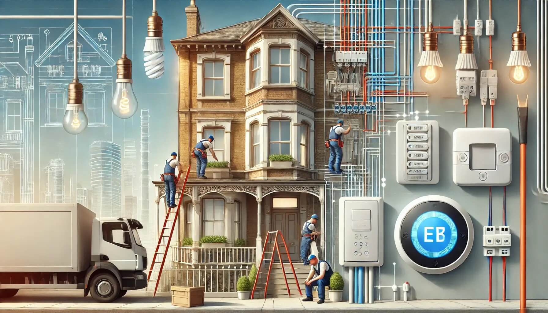 Modernización de instalaciones eléctricas en un edificio antiguo, con cables nuevos, iluminación LED y un termostato inteligente.