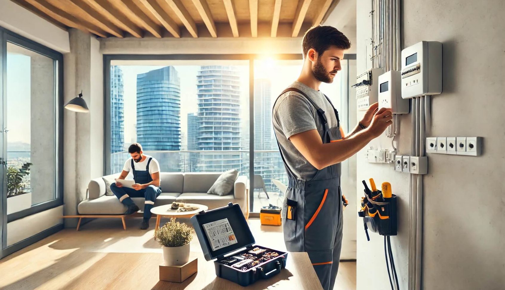 Electricista trabajando en un panel eléctrico en una vivienda moderna en Badalona, destacando profesionalismo y confianza.