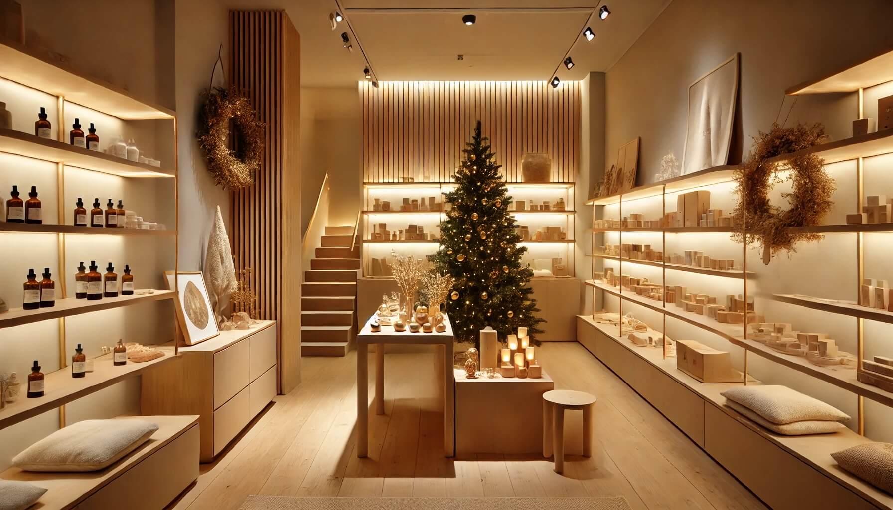 Espacio comercial en Badalona con decoración navideña minimalista y cálida iluminación LED.