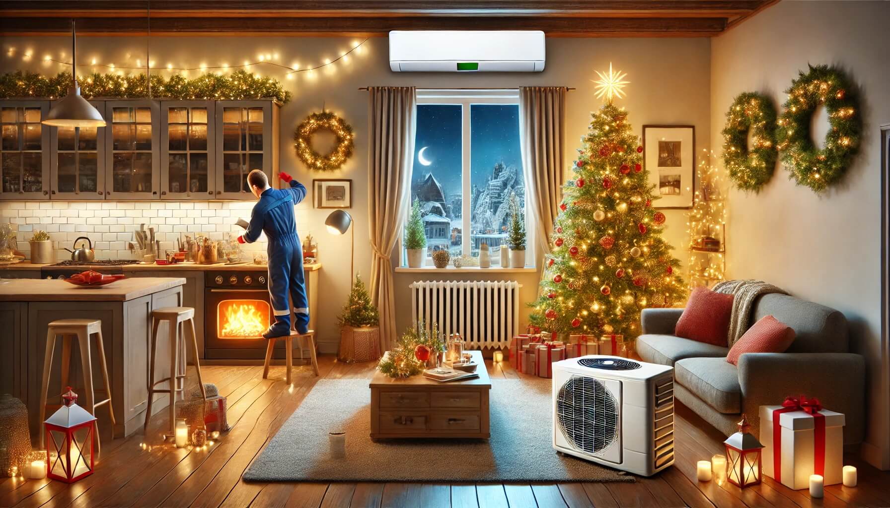 Interior de un hogar decorado para Navidad con un árbol de Navidad iluminado, una chimenea encendida y un técnico revisando un aire acondicionado. En la cocina, otra persona inspecciona el horno, destacando la importancia del mantenimiento preventivo de electrodomésticos y sistemas de climatización antes de las fiestas.