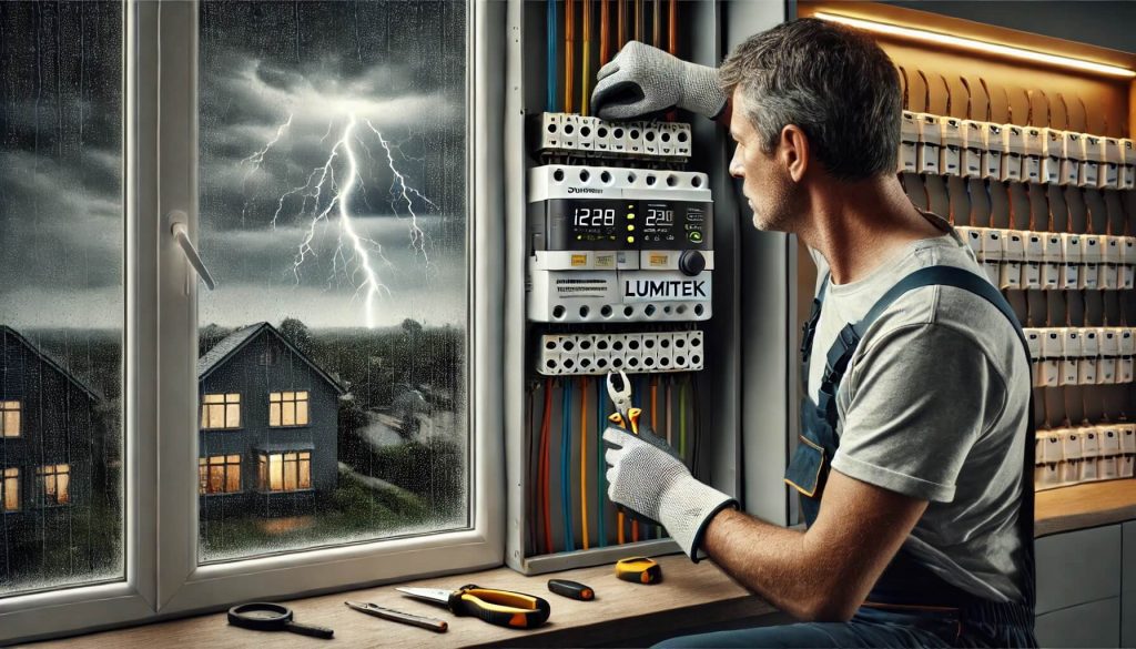 Un técnico profesional de Lumitek Servicios Eléctricos instala un protector de sobretensiones en el panel eléctrico de una vivienda en Badalona