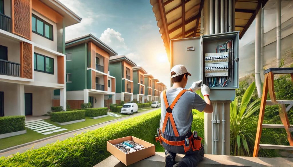 Electricista trabajando en un cuadro eléctrico al aire libre en un entorno residencial moderno, rodeado de edificios verdes y jardines bien cuidados, con luz natural que realza la profesionalidad del ambiente. Representa servicios de mantenimiento eléctrico en comunidades.