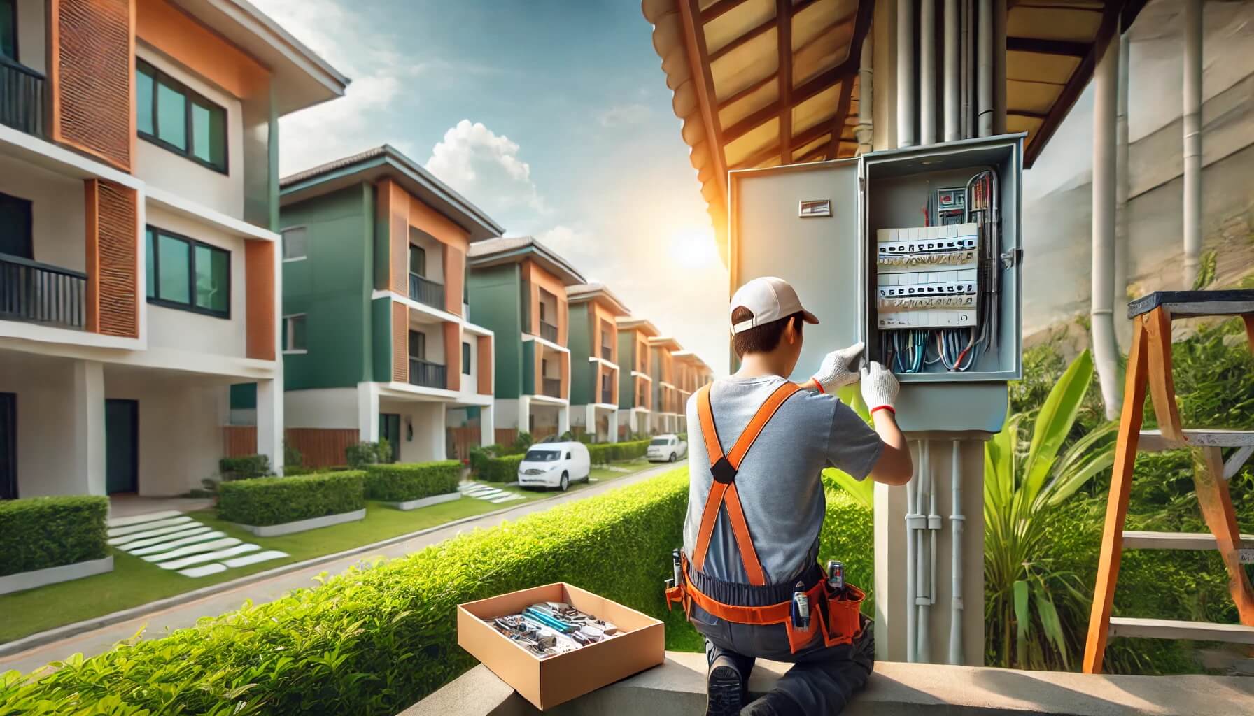 Electricista trabajando en un cuadro eléctrico al aire libre en un entorno residencial moderno, rodeado de edificios verdes y jardines bien cuidados, con luz natural que realza la profesionalidad del ambiente. Representa servicios de mantenimiento eléctrico en comunidades.