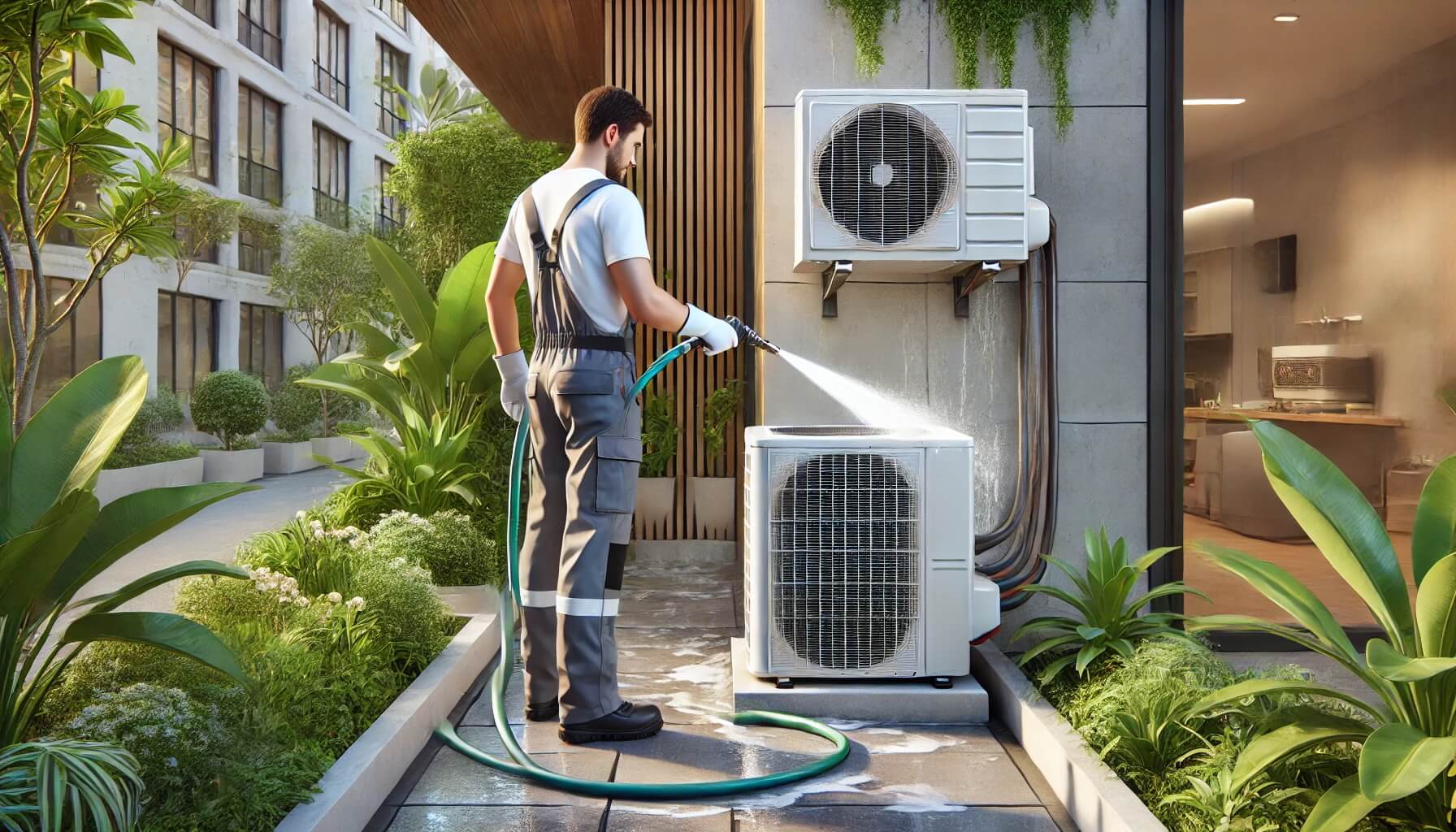 Técnico limpiando la unidad exterior de un aire acondicionado con una manguera en un entorno al aire libre.