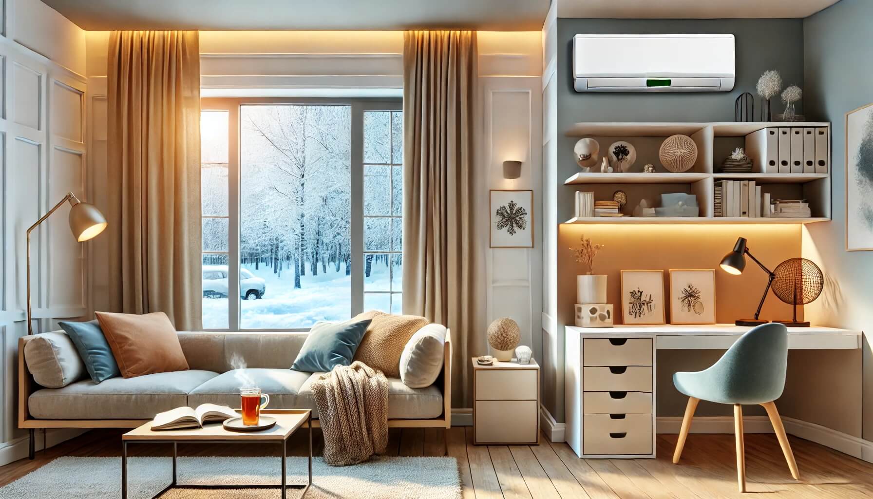 Sala de estar moderna en invierno con aire acondicionado funcionando, contrastando el cálido interior con el paisaje nevado exterior