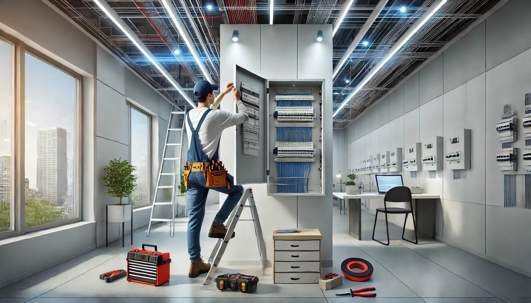 Electricista profesional instalando un panel eléctrico en un espacio comercial moderno, destacando seguridad y eficiencia en la instalación.