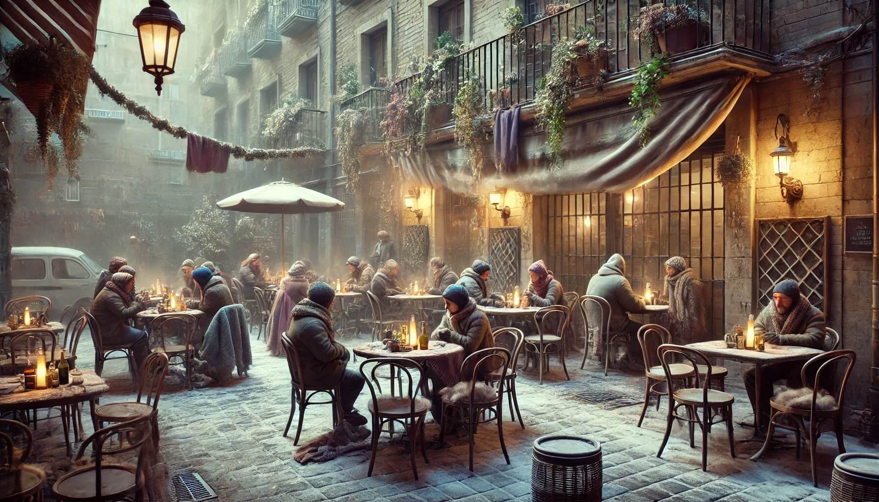 Prohibición estufa de gas en la terraza de un bar con clientes