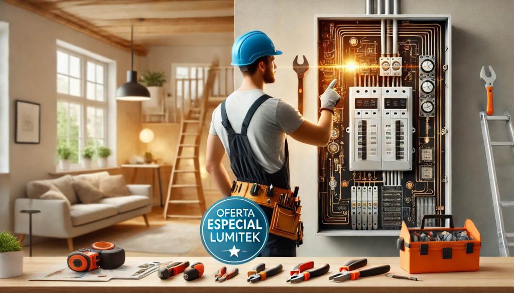 Electricista actualizando un cuadro eléctrico antiguo en una vivienda moderna, destacando seguridad y eficiencia para oferta especial de Lumitek.
