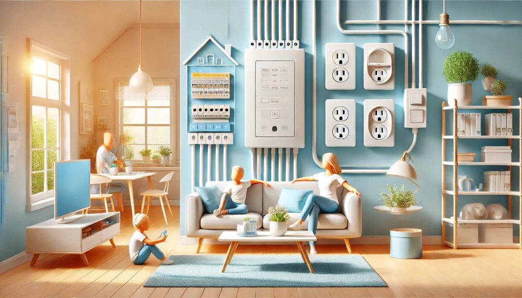 Ilustración de un hogar moderno y seguro con instalación eléctrica protegida, mostrando un panel eléctrico moderno y enchufes seguros para prevenir problemas eléctricos.