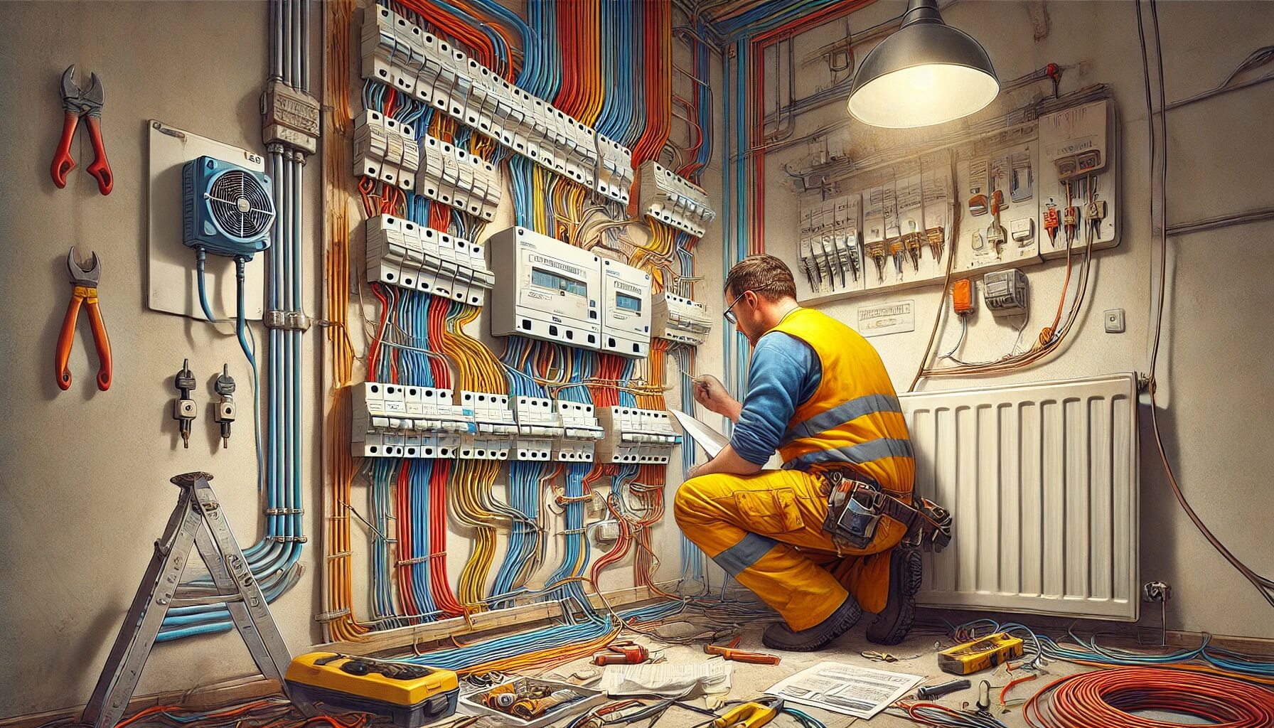 Instalación eléctrica segura en el hogar con cables aislados y electricista revisando el panel.