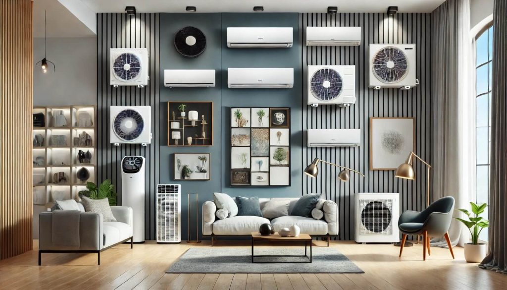 Imagen de varios modelos de aire acondicionado de alta gama en un ambiente moderno y minimalista, representando las mejores marcas del mercado.