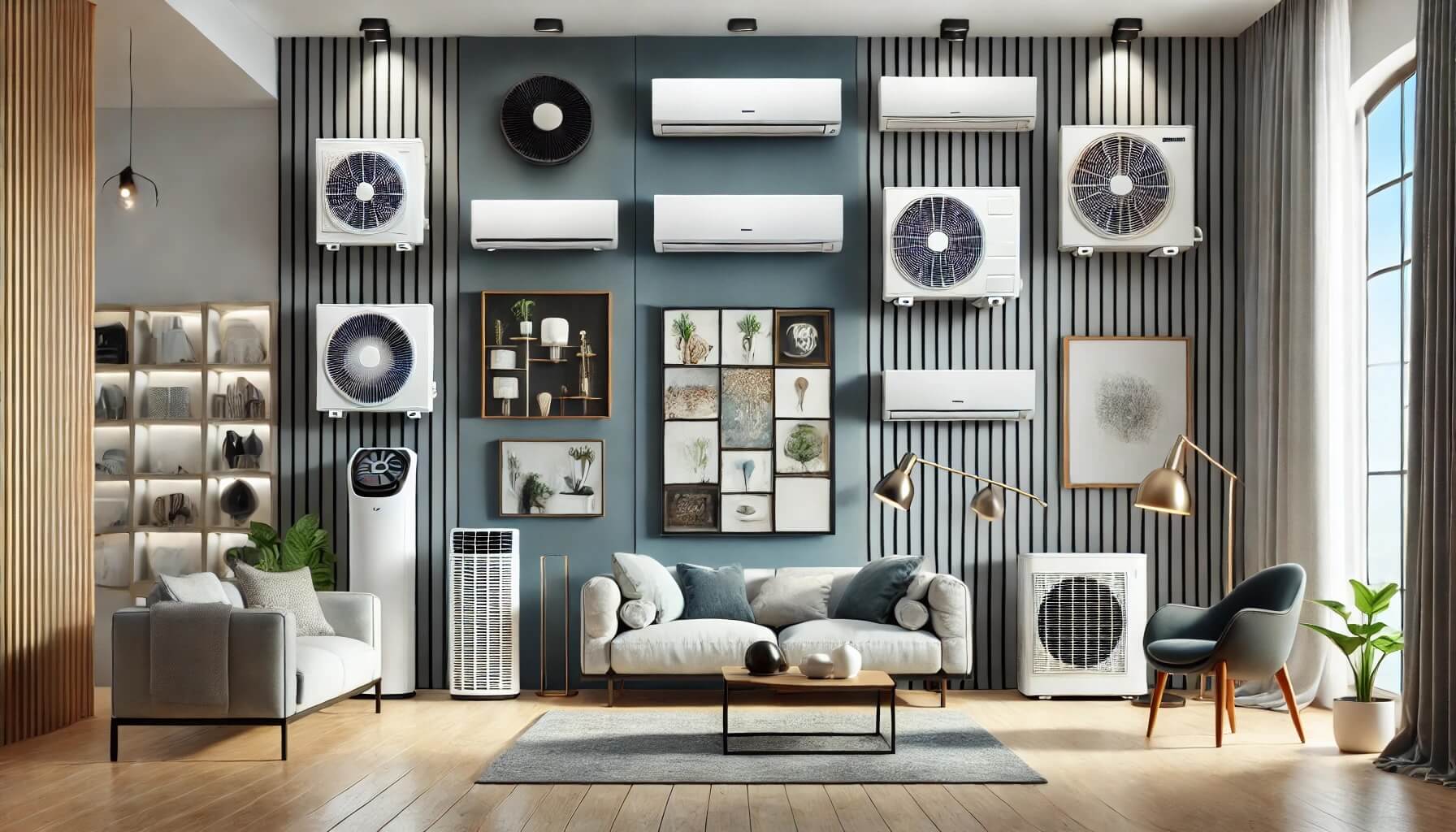 Imagen de varios modelos de aire acondicionado de alta gama en un ambiente moderno y minimalista, representando las mejores marcas del mercado.