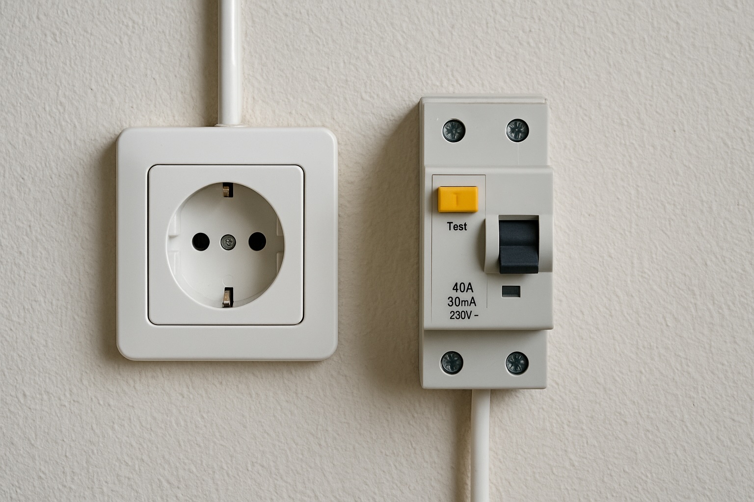 Enchufe europeo con toma de tierra y diferencial eléctrico en pared — instalación segura y protección contra fugas de corriente.